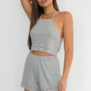 Gris chiné Ensemble de pyjama gris côtelé en dentelle