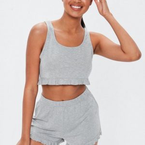 Gris clair Ensemble pyjama short et top gris à froufrous